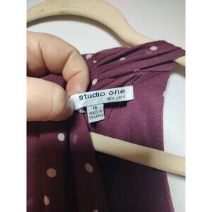 Studio One Rust Brown Polka Swiss Dot Midi Dress Size 16 Pleated Skirt Tie Belt